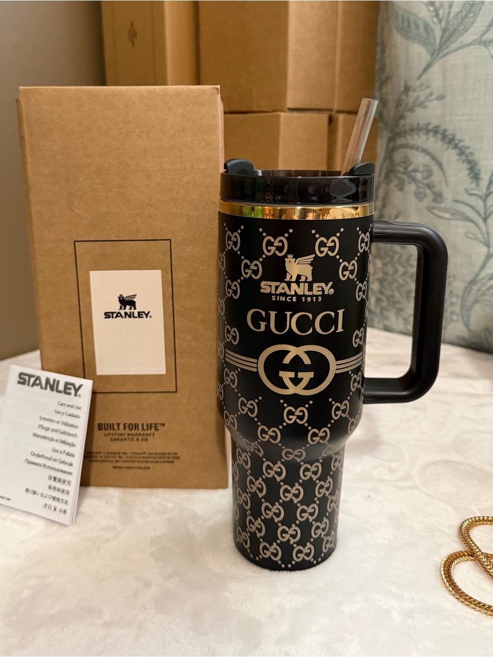 40oz Stanley tumbler cup black and gold Gucci monogram design